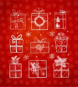 Christmas gift boxes on red background with snowflakes. Doodle sketch vector  Stock Illustration
