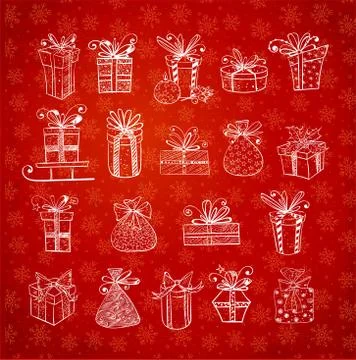 Christmas gift boxes on red background with snowflakes. Doodle sketch vector  스톡 일러스트