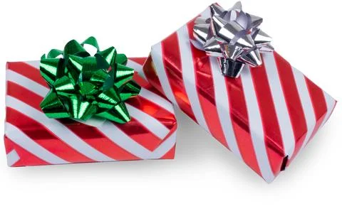 Christmas gift boxes red, white and green colours isolated on white. Stock Photos