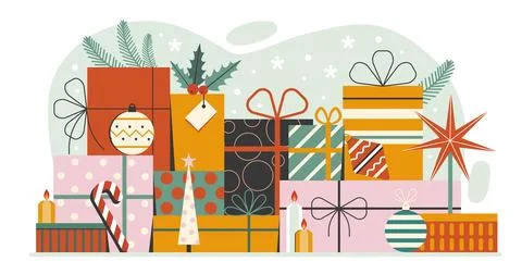 Christmas Gift Boxes Stack Holiday Banner Stock Illustration