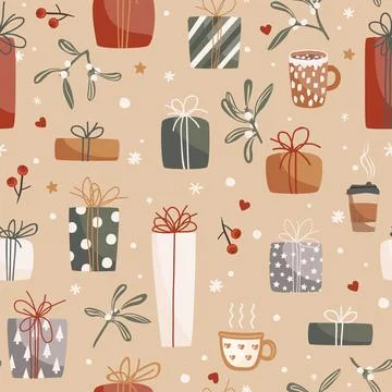 Christmas gift boxes vector pattern in retro style. Seamless background with Stock Illustration