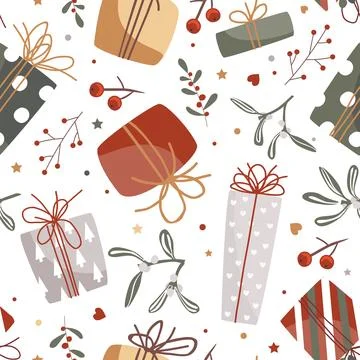 Christmas gift boxes vector pattern in retro style. Seamless background with Illustrazione stock