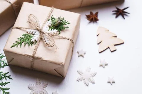 Christmas gift boxes on white background, close up Stock Photos