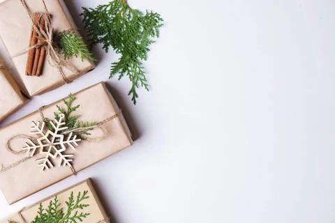 Christmas gift boxes on white table, copy space Stock Photos