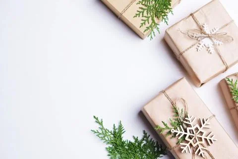 Christmas gift boxes on white table, copy space Stock Photos