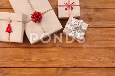 Christmas Gift Boxes On Wood Frame Background