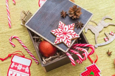 Christmas gift composition flatlay with festive decoration, gingerbread and Stock Photos