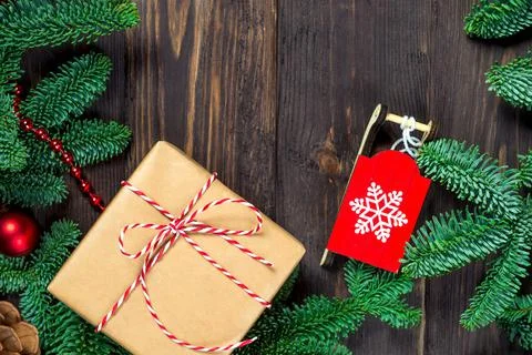 Christmas gift concept object composition  top view on board Stock Photos