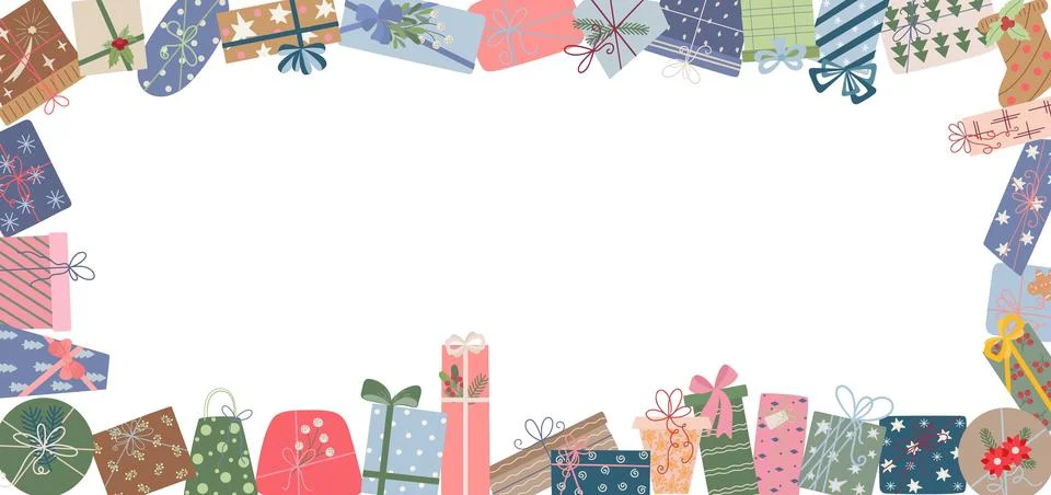 Christmas gift festive rectangular frame, boxes wrapped in colorful paper with Stock Illustration