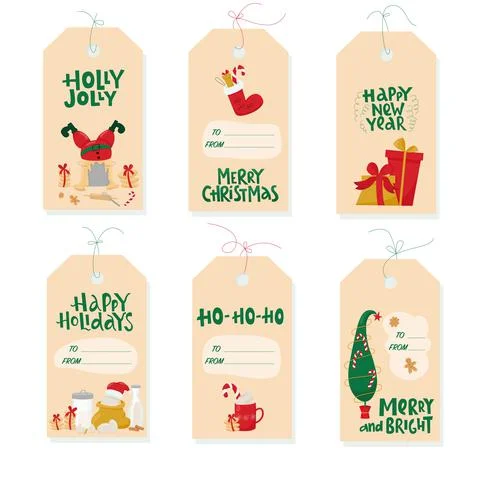 Christmas gift label tags set with handwritten lettering sign and cookies for Illustrazione stock