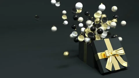 Christmas Gift That Opens with Explosion of Christmas Baubles. 3D Animation. Stock Footage 199039386