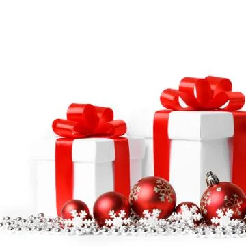 Christmas gift with red balls bow Stock Photos