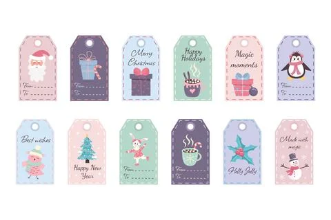 Christmas gift tags bundle with different quotes and winter characters. Lab.. Stock Illustration