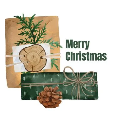 Christmas gift in wrapped box, hand drawn vector Stock Illustration