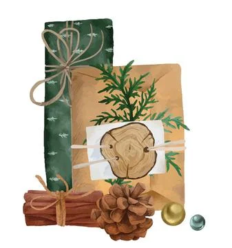 Christmas gift in wrapped box, hand drawn vector Stock Illustration