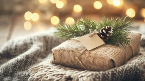 Christmas gift wrapped in rustic burlap with a pine branch and tag, tied with a Stock Photos