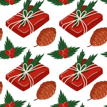 Christmas gift wrapped seamless pattern with pine cone and holly leaves in Stock Illustration
