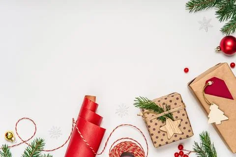 Christmas gift wrapping process flat lay with eco materials 写真素材
