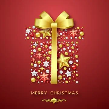 Christmas giftbox background with Shining bow, stars and colorful balls. Me.. Stock Illustration