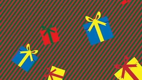 CHRISTMAS GIFTS FALLING THROUGH FRAME WITH RED AND GREEN BACKGROUND 4K SLOW MO Stock Footage 82958396