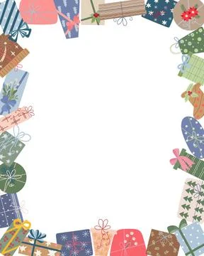 Christmas gifts festive rectangular frame of boxes wrapped in colorful paper Stock Illustration