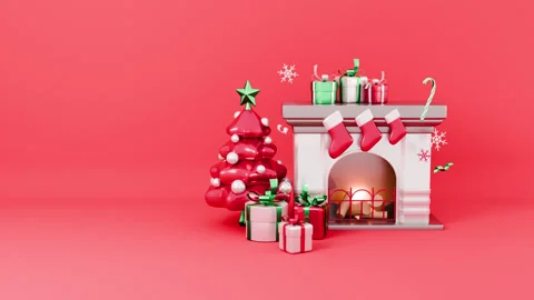 Christmas gifts, fireplace, socks loop animation. 3d render cartoon style. Vidéo 287366858