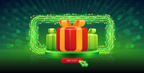 Christmas Gifts with Green Neon Rectangular Frame Stock Illustration