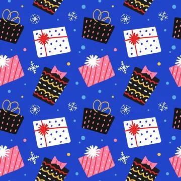 Christmas gifts pattern, gift boxes with ornaments, greeting or invitation card Stock Illustration