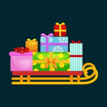 Christmas gifts in stack box on sled, winter holiday xmas present decorated.. Stock Illustration