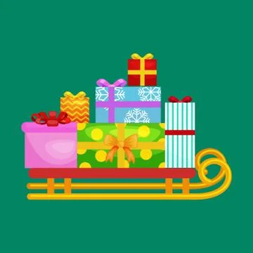Christmas gifts in stack box on sled, winter holiday xmas present decorated.. Stock Illustration