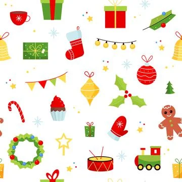 Christmas gifts. Xmas cartoon flat objects, new year toys, glass balls, wreath Stock Illustration