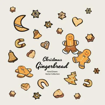 Christmas gingerbread biscuits set hand drawn vector illustration. Vintage tr Stock Illustration