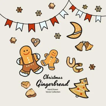 Christmas gingerbread biscuits set hand drawn vector illustration. Vintage tr Stock Illustration