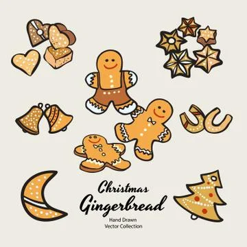 Christmas gingerbread biscuits set hand drawn vector illustration. Vintage tr Stock Illustration