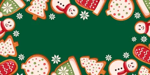 Christmas gingerbread cookie frame border with snowmen, tree and decorated treat Stock Illustration