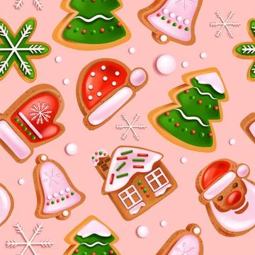 Christmas gingerbread cookie seamless pattern, holiday winter dessert texture Illustrazione stock