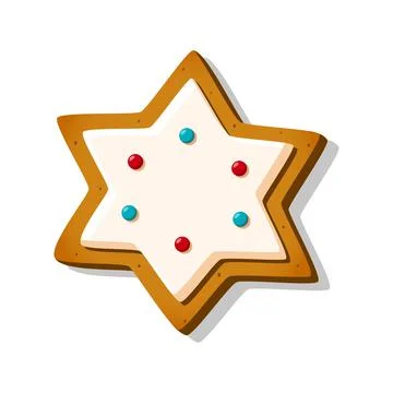 Christmas gingerbread cookie in snowflake shape with sugar glaze in cartoon Stock Illustration