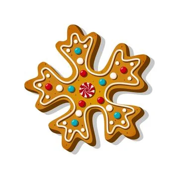 Christmas gingerbread cookie in snowflake shape with icing in cartoon style Stock Illustration