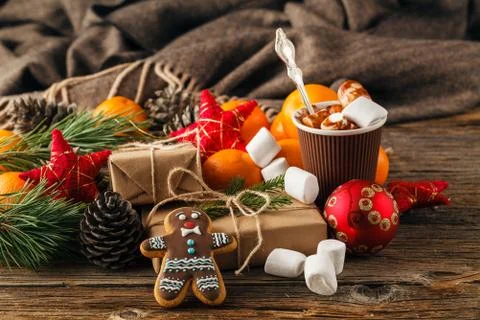 Christmas gingerbread cookies in a gift box on a table close-up. horizontal Foto stock