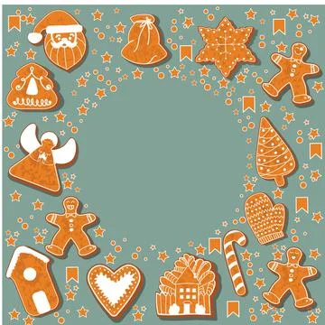 Christmas gingerbread cookies making a rectangular frame. illustration.Happy Stock Illustration