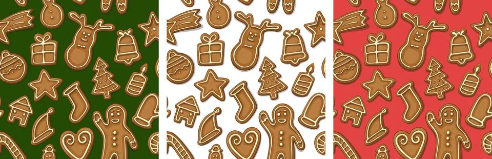 Christmas Gingerbread Cookies Seamless Background Patterns Set red, green, white Stock Illustration