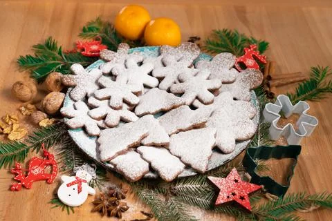 Christmas gingerbread on a decorated table Stock Photos