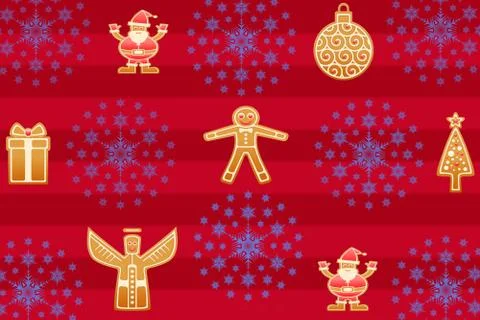 Christmas gingerbread design pattern on a red striped background with snowfla Stock Illustration