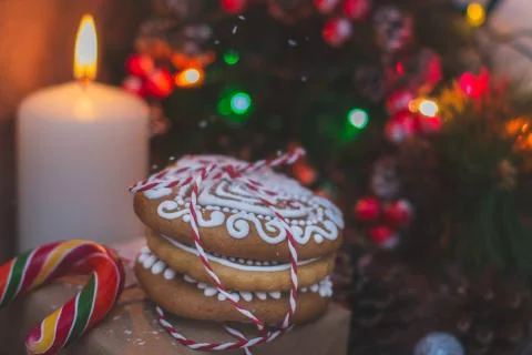 Christmas gingerbread handmade decorated with patterns and covered with icing Stock Photos