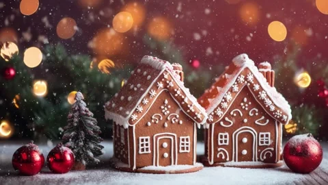 Christmas gingerbread house on the background of falling snowflakes Stock Footage 255529404