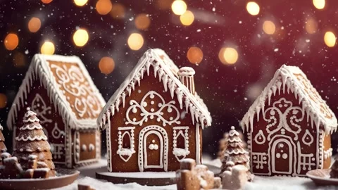 Christmas gingerbread house on the background of falling snowflakes Stock Footage 255530919