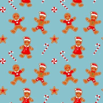 Christmas gingerbread man, candy cane pattern. Repeat candies for wrapping .. Stock Illustration