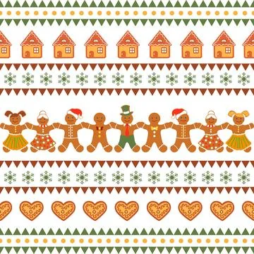 Christmas gingerbread man pattern with festive elements, ideal for holiday .. Stock Illustration