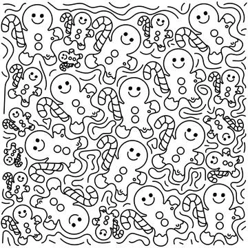 Christmas gingerbread man seamless pattern with candy canes line art Stock Illustration