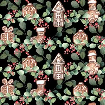Christmas gingerbread pattern. Festive background with gingerbread cookies Stock Illustration
